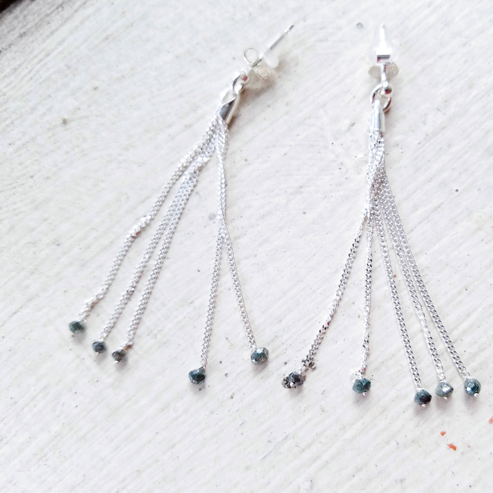 Blue Diamond Tassle Earrings in Silver